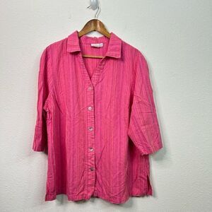Hot Cotton Women’s Pink Micro Stripe Linen Blend Lagenlook Button Up Top Size 1X